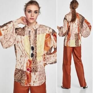 NEW Zara Patchwork Silky Soft Floral Peasant Peplum Tie Neck Blouse, Medium